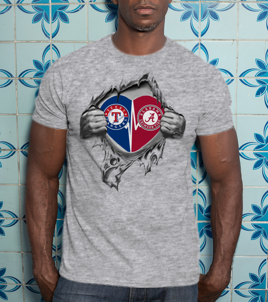 Texas Rangers Alabama Crimson Tide Heart Torn Open T-Shirt