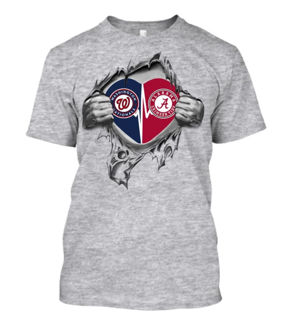 Washington Nationals Alabama Crimson Tide Heart Torn Open Football Baseball Fan Pride T-Shirt
