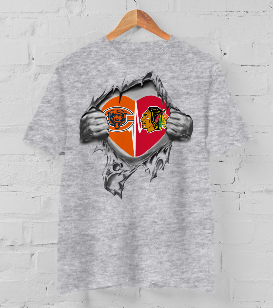 Bears Chicago Blackhawks Heart Logos Torn Chest T-Shirt