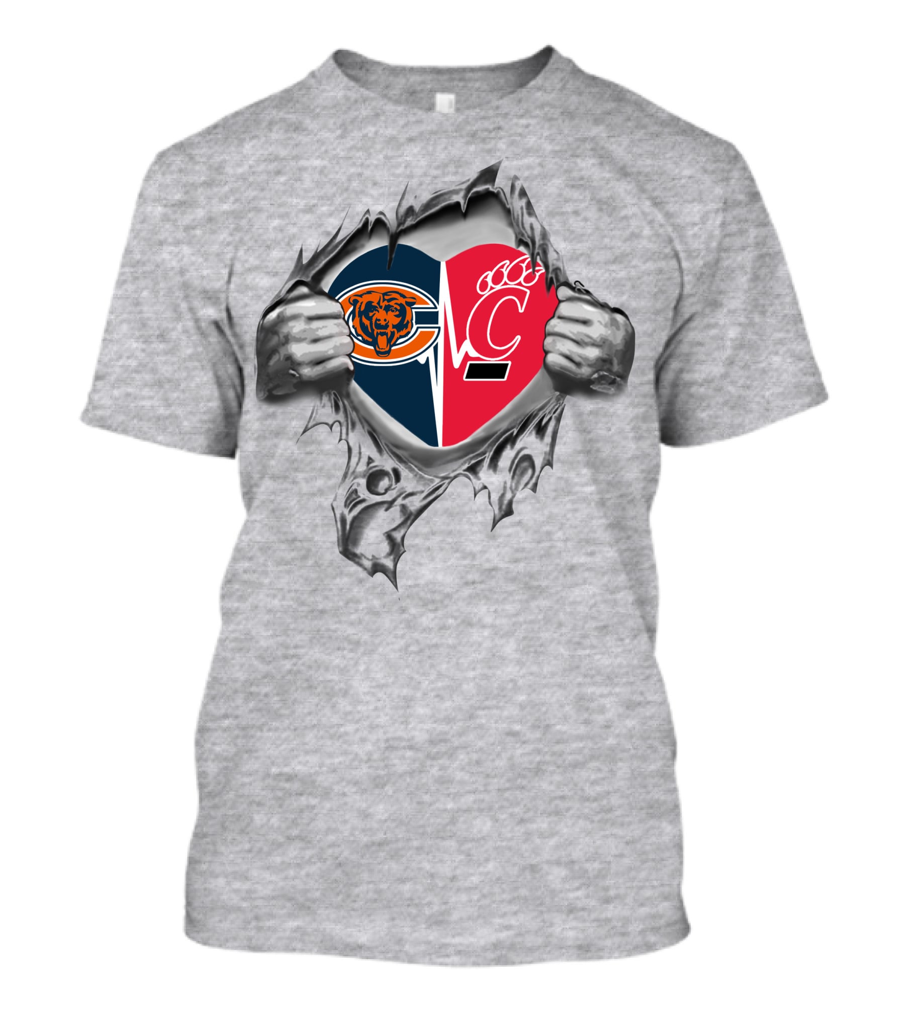 Bears Cincinnati Bearcats Heart Logo Fusion Peeking Through Tear T-Shirt