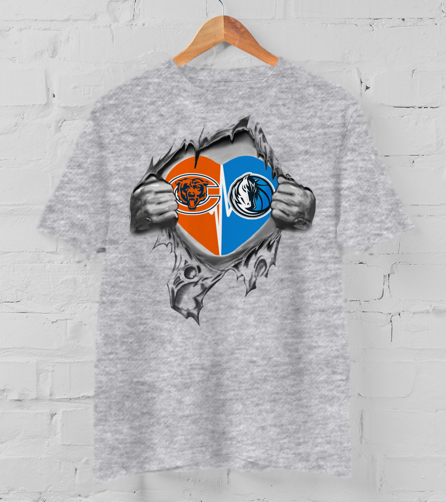 Bears Dallas Mavericks Heart With Logos Torn T-Shirt