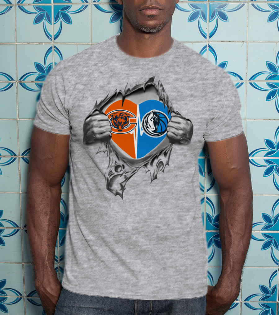 Bears Dallas Mavericks Heart With Logos Torn T-Shirt