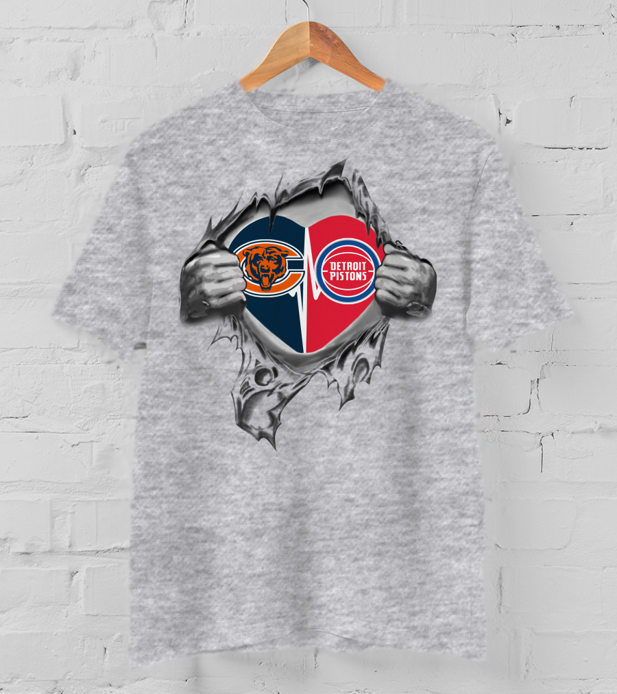 Bears Detroit Pistons Heart Split Passion Logo Fusion T-Shirt