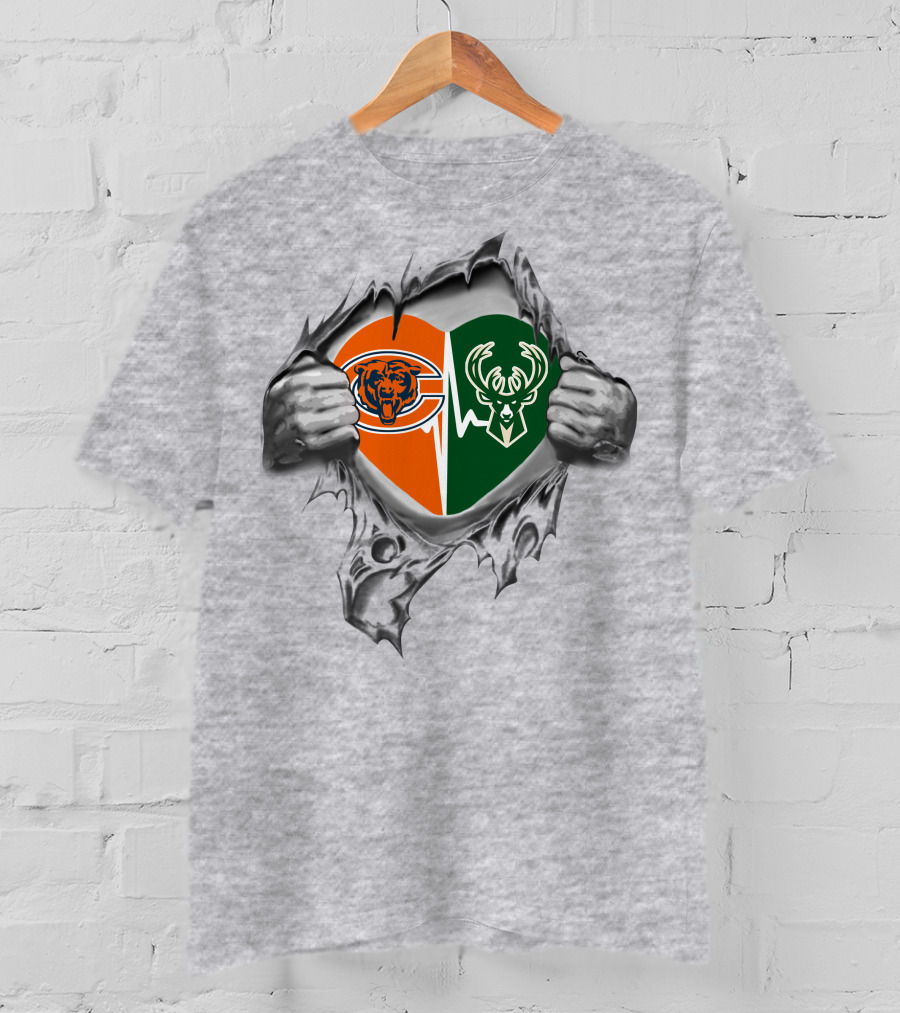 Bears Milwaukee Bucks Heart Logo Split With Hands Peeling Open T-Shirt