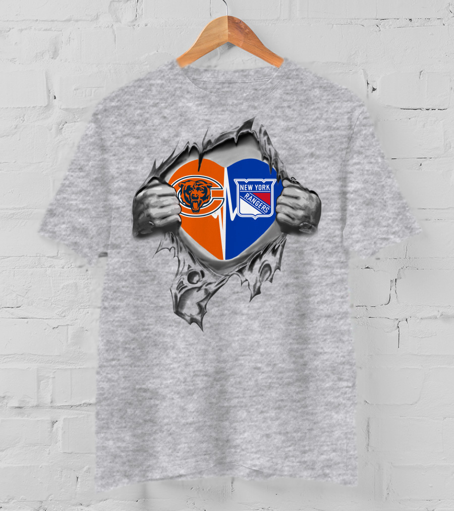 Bears And New York Rangers Heart Logo Split With Hands T-Shirt