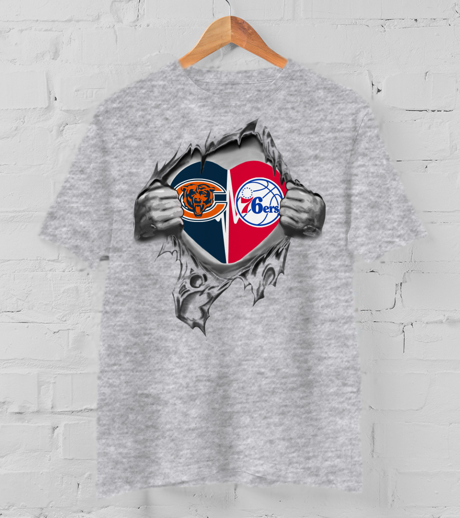 Bears Chicago And Philadelphia 76ers Heart Symbol Torn T-Shirt