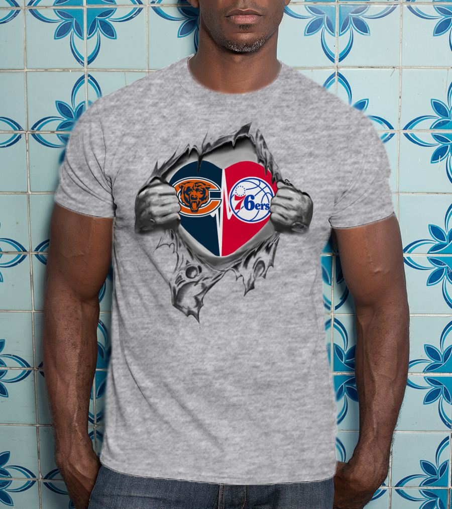 Bears Chicago And Philadelphia 76ers Heart Symbol Torn T-Shirt