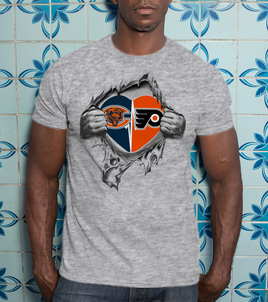 Chicago Bears Philadelphia Flyers Heart Symbol Ripped Steel T-Shirt