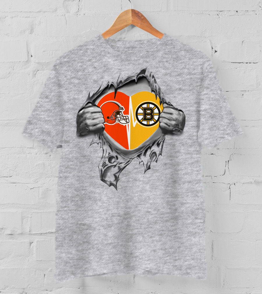 Browns Boston Bruins Heart Helmet Split T-Shirt