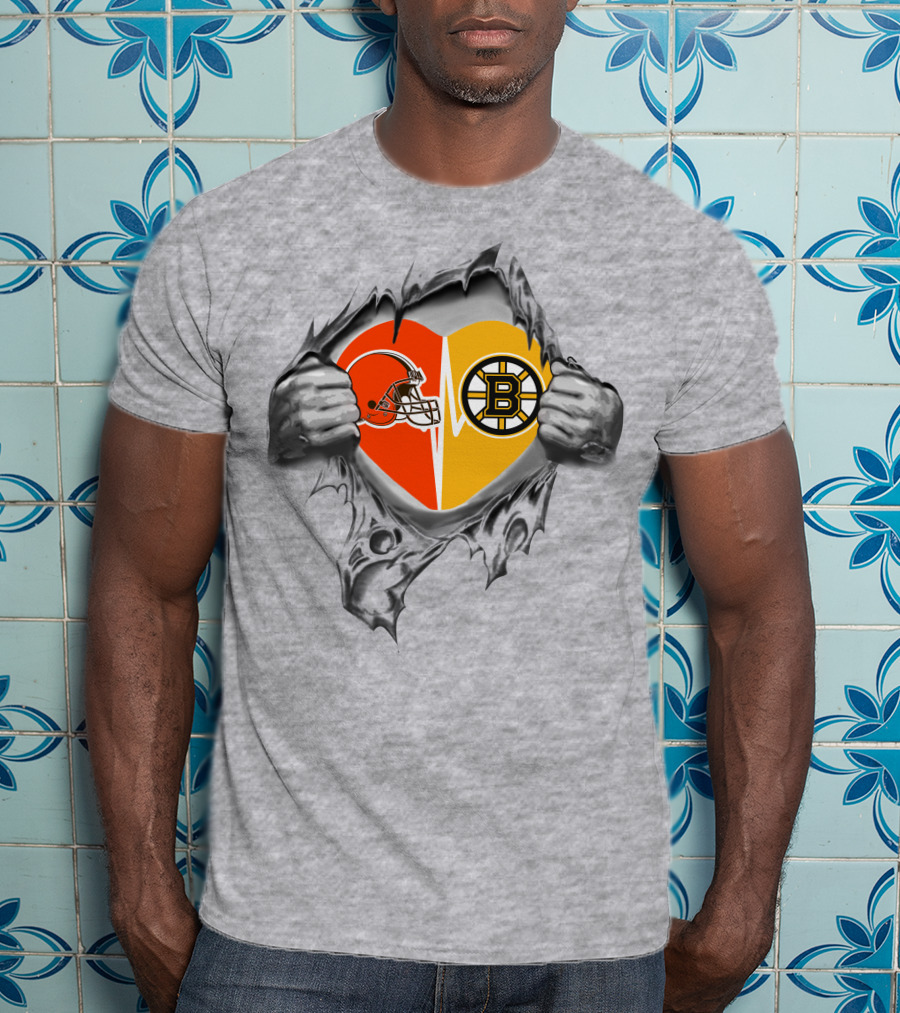 Browns Boston Bruins Heart Helmet Split T-Shirt