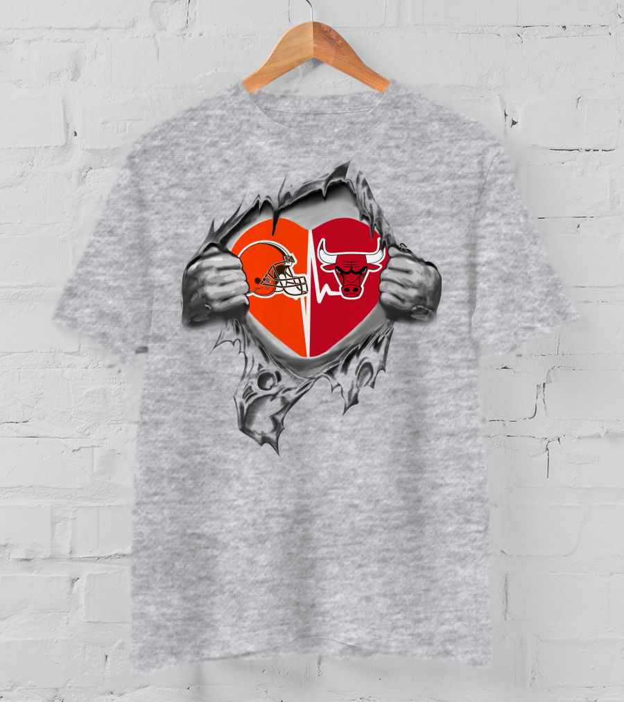 Browns Chicago Bulls Heart Design With Ripped Hands T-Shirt