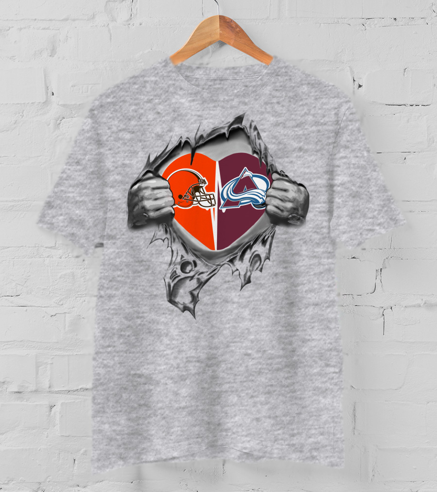 Browns Colorado Avalanche Heart Design Featuring Football And Hockey Logos T-Shirt
