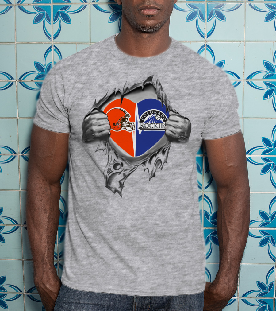 Browns Colorado Rockies Heart With Logos And Ripped Skin T-Shirt