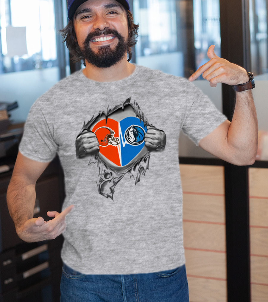Cleveland Browns And Dallas Mavericks Heart Logo Fusion T-Shirt