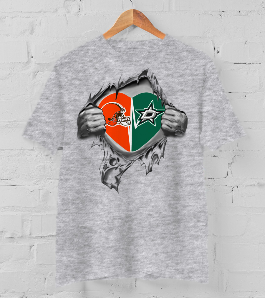 Browns Dallas Stars Heart With Football And Hockey Logos T-Shirt