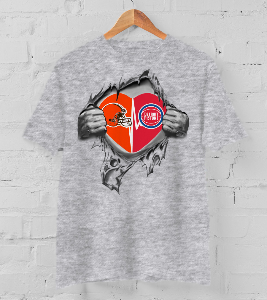 Browns Detroit Pistons Heart Logos Torn Shirt Effect T-Shirt