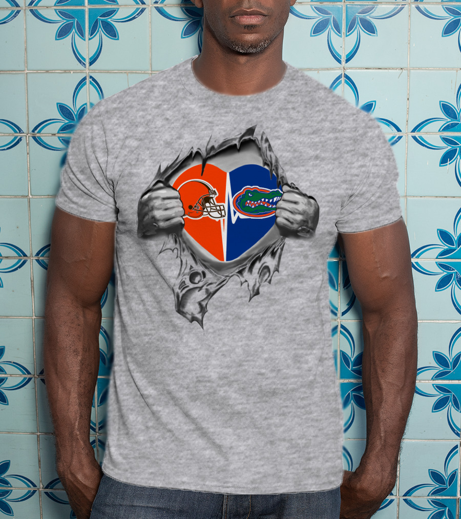 Browns Florida Gators Heart Design Featuring Bold Nfl And College Team Logos T-Shirt