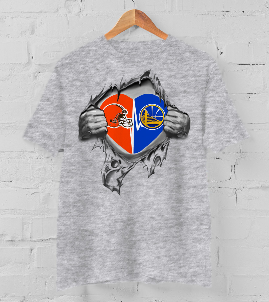 Browns Golden State Warriors Heart Split Football Basketball Fusion T-Shirt