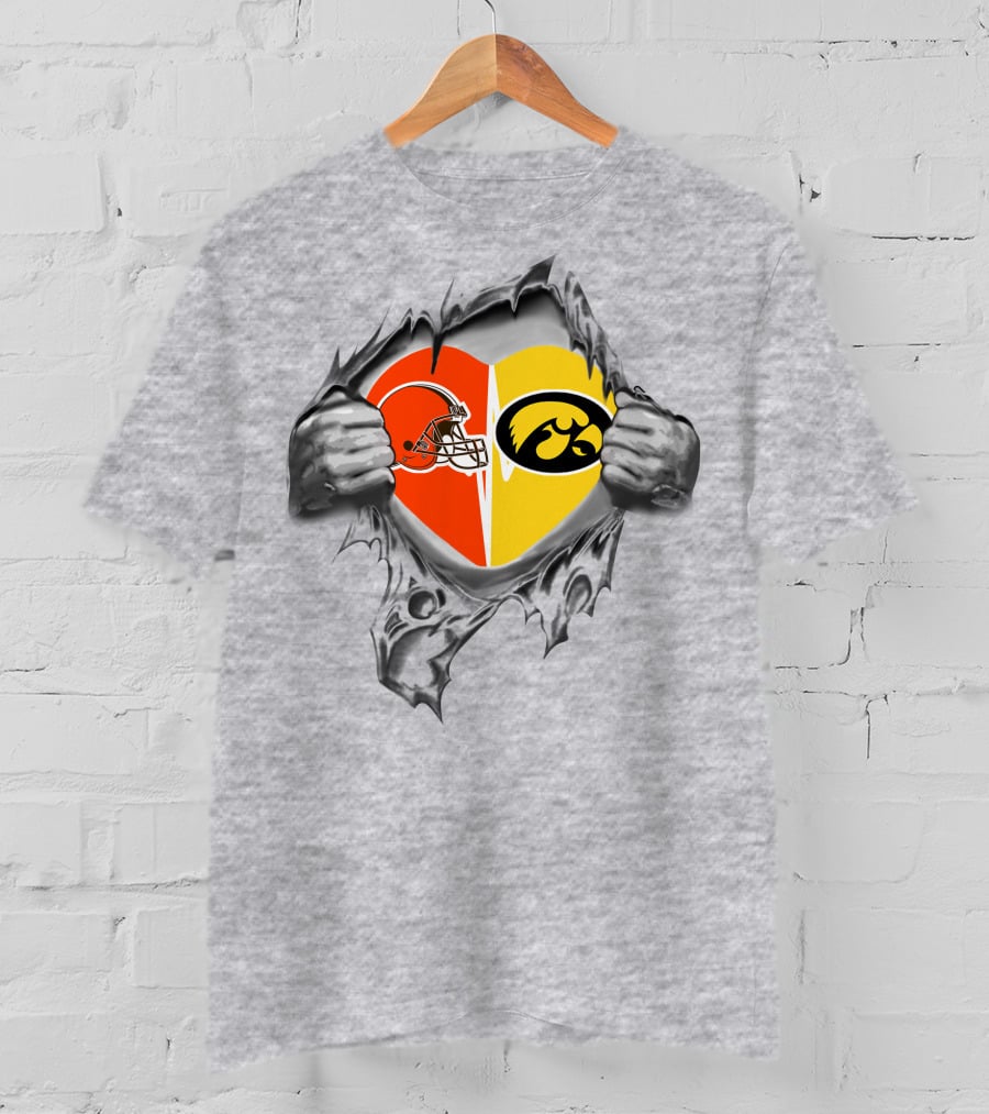 Browns Iowa Hawkeyes Heart Helmet And Tiger Hawk T-Shirt