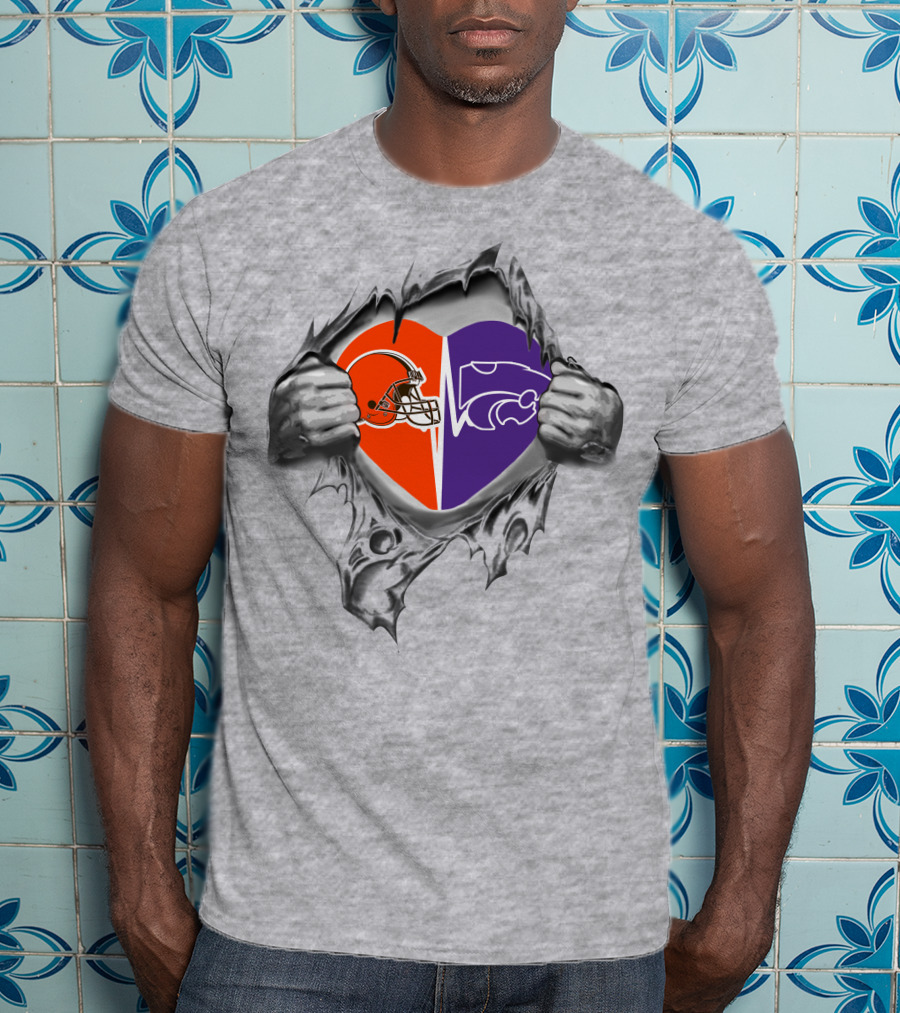 Browns Kansas State Wildcats Heart Design With Helmet And Wildcat T-Shirt
