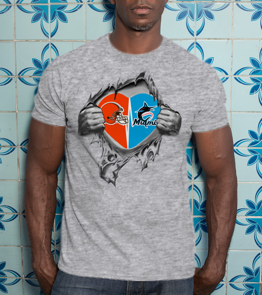Browns Miami Marlins Heart Logo Reveal T-Shirt