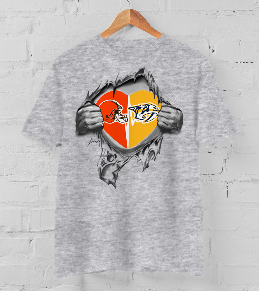 Cleveland Browns Nashville Predators Heart Logo Tearing T-Shirt