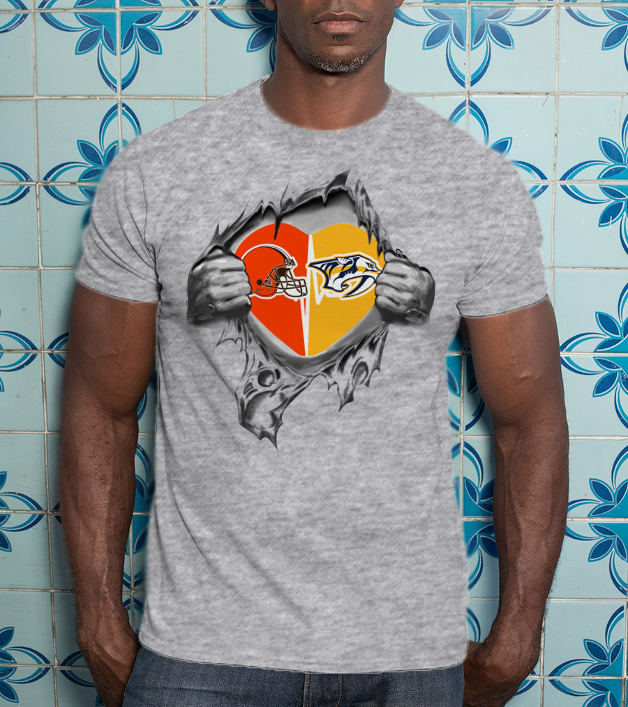 Cleveland Browns Nashville Predators Heart Logo Tearing T-Shirt