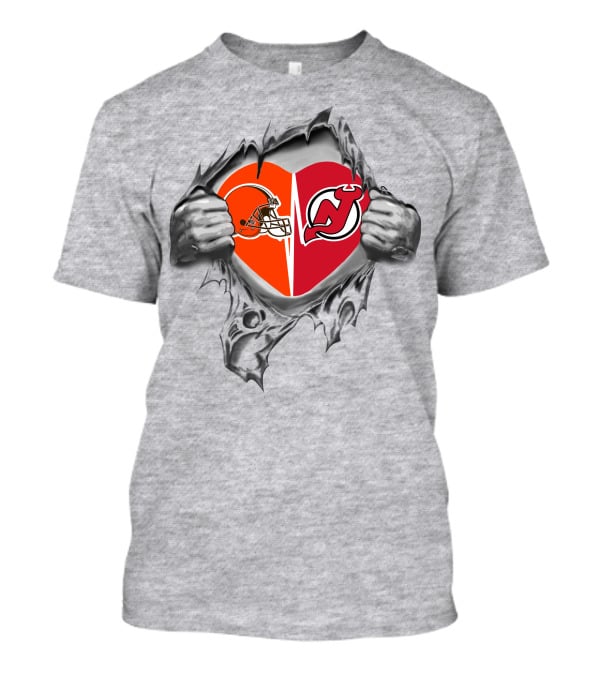 Browns New Jersey Devils Heart With Football Helmet And Nj T-Shirt
