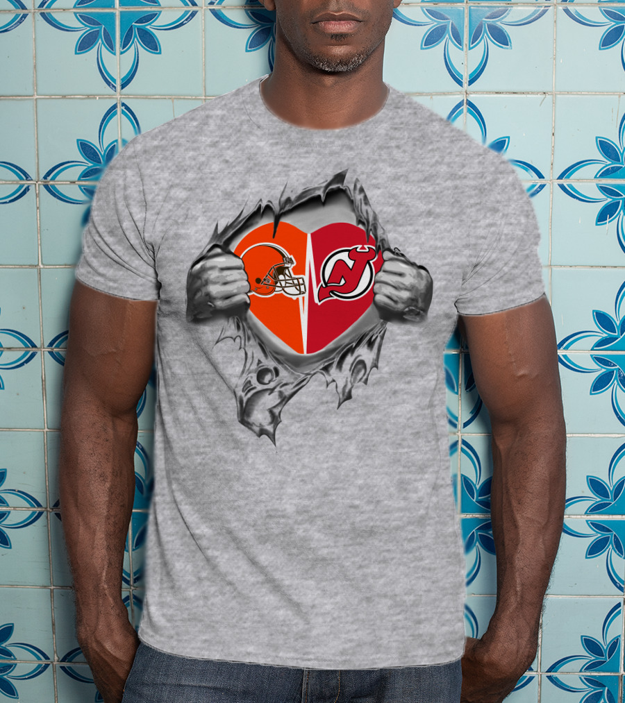 Browns New Jersey Devils Heart With Football Helmet And Nj T-Shirt