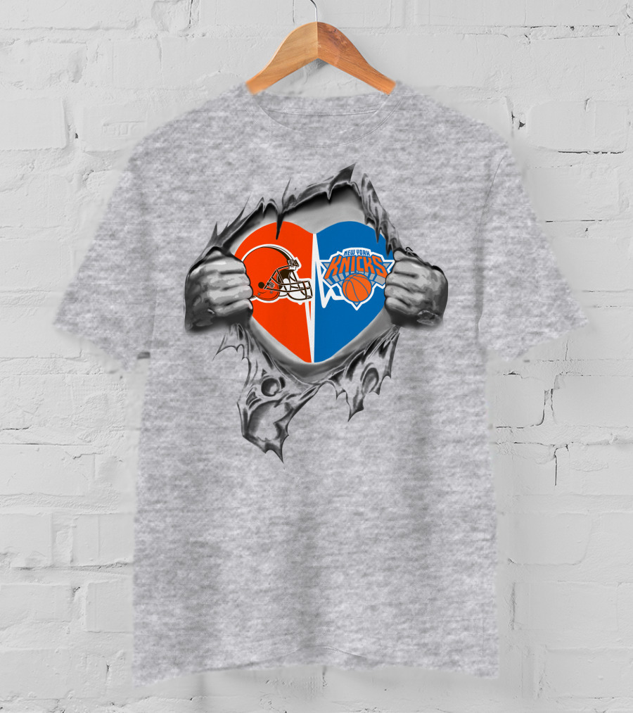 Cleveland Browns New York Knicks Heart Duo Fan Pride T-Shirt