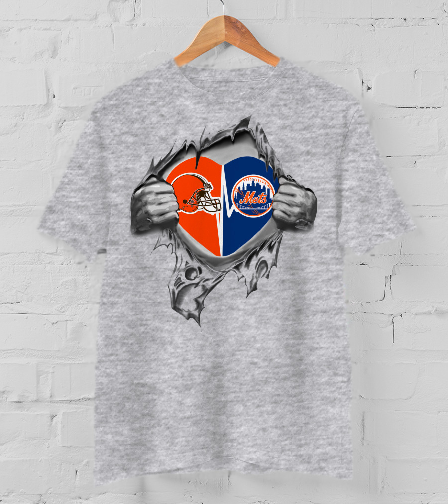 Browns New York Mets Heart Helmet And Skyline Fans T-Shirt