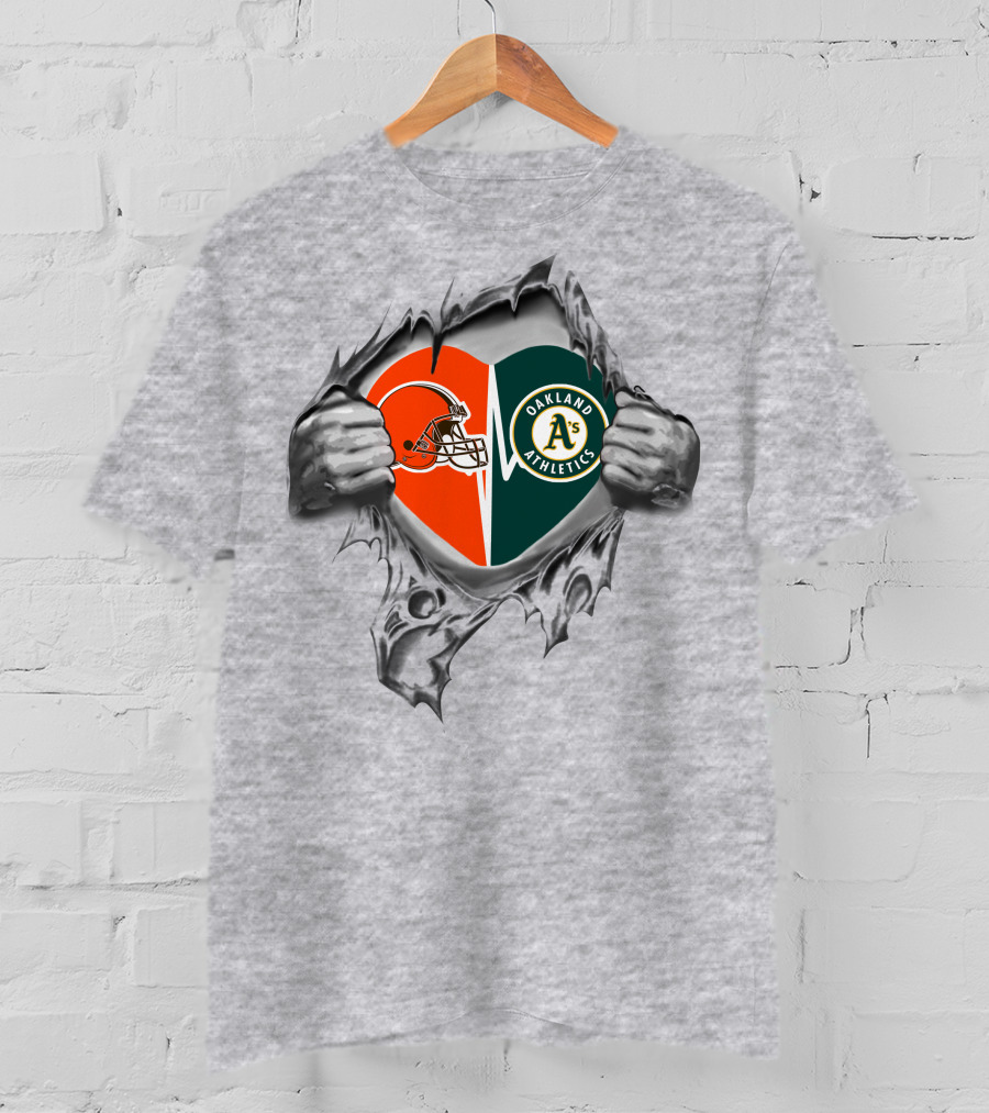 Browns Oakland Athletics Heart Inside Peeking Through Ripped T-Shirt