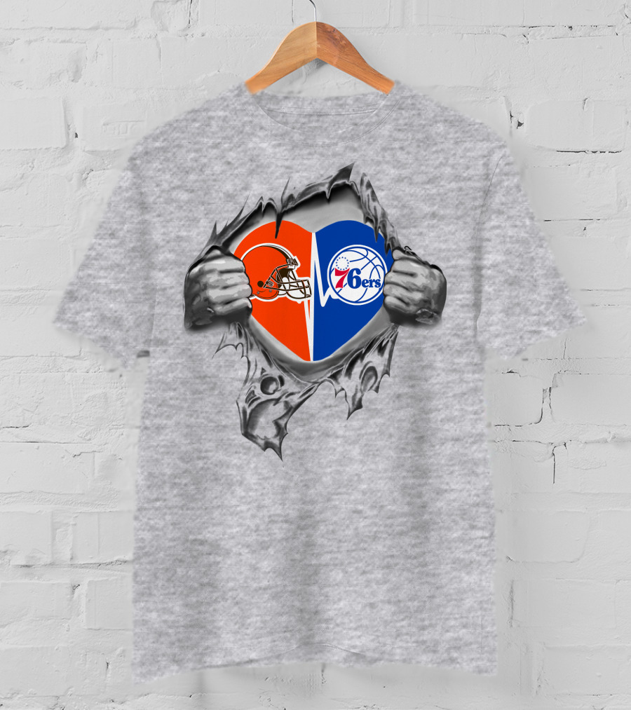 Browns 76ers Nfl Nba Heart Logo Fusion T-Shirt