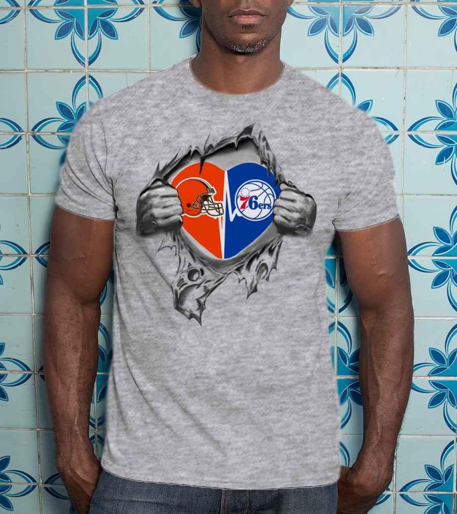 Browns 76ers Nfl Nba Heart Logo Fusion T-Shirt