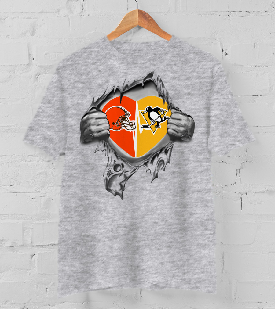 Browns Pittsburgh Penguins Heart Split T-Shirt