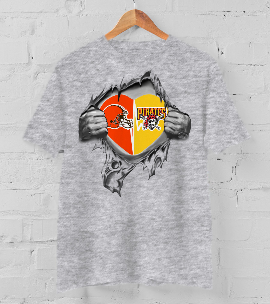 Browns Pirates Heart Logos Cleveland Pittsburgh Fan Pride T-Shirt