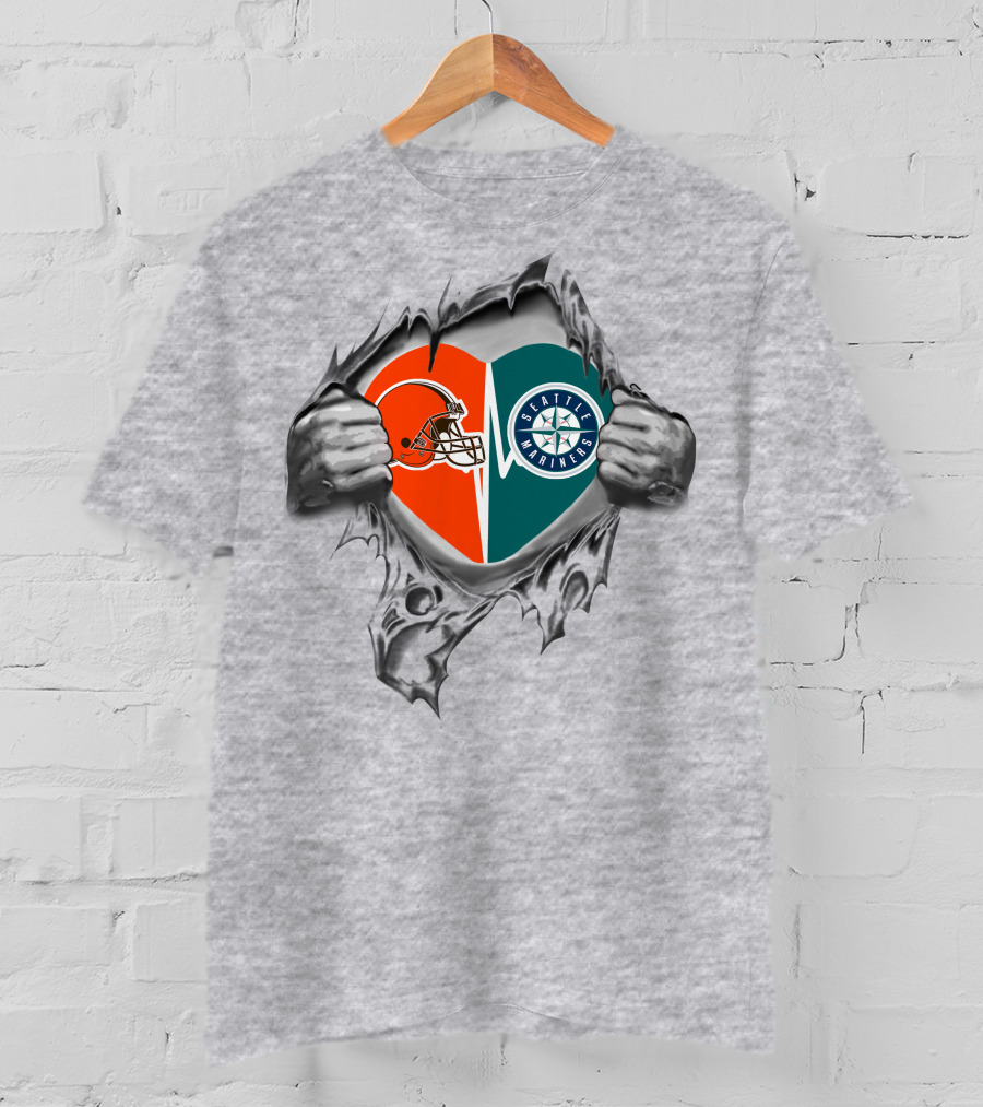 Browns And Seattle Mariners Heart Symbol With Torn Fabric T-Shirt