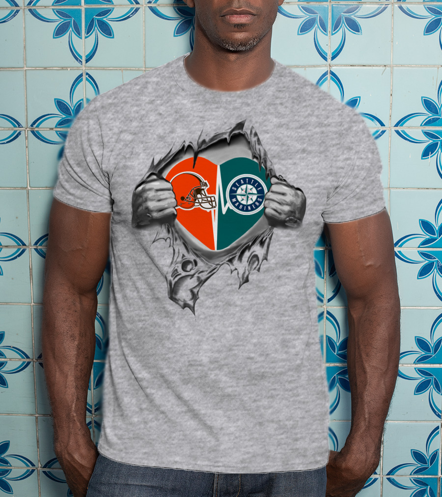 Browns And Seattle Mariners Heart Symbol With Torn Fabric T-Shirt