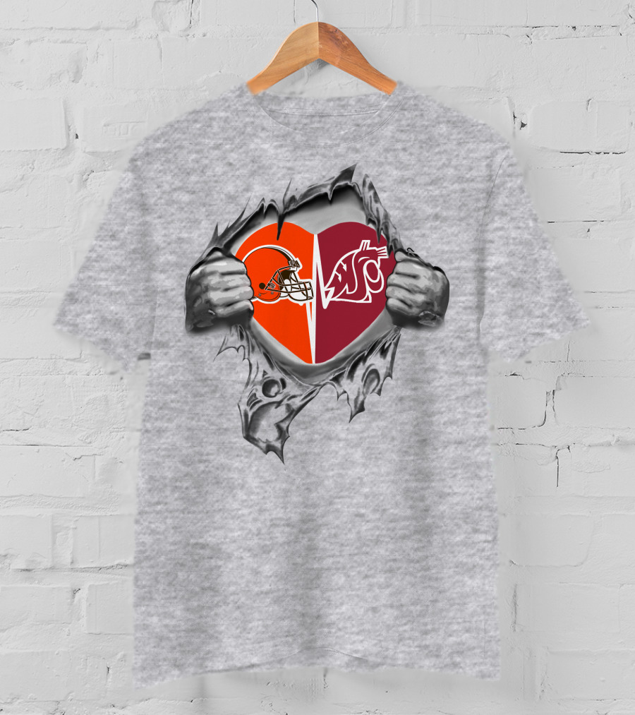Browns And Washington State Cougars Heart Logo Ripped T-Shirt