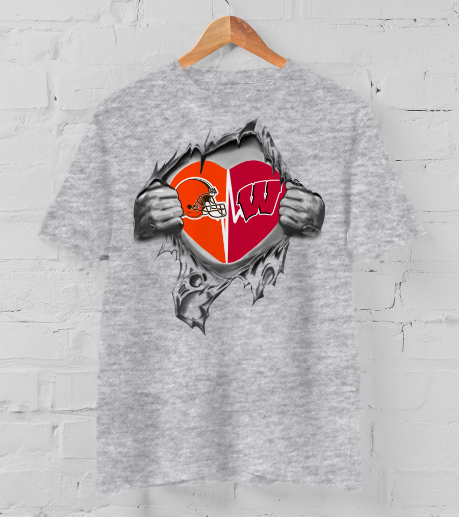 Browns Wisconsin Badgers Heart Logos Together Forever T-Shirt