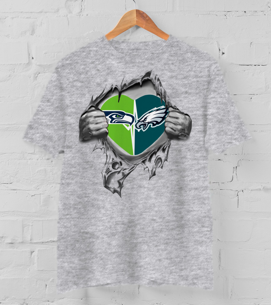 Eagles Seahawks Heart Split Logo Embrace T-Shirt