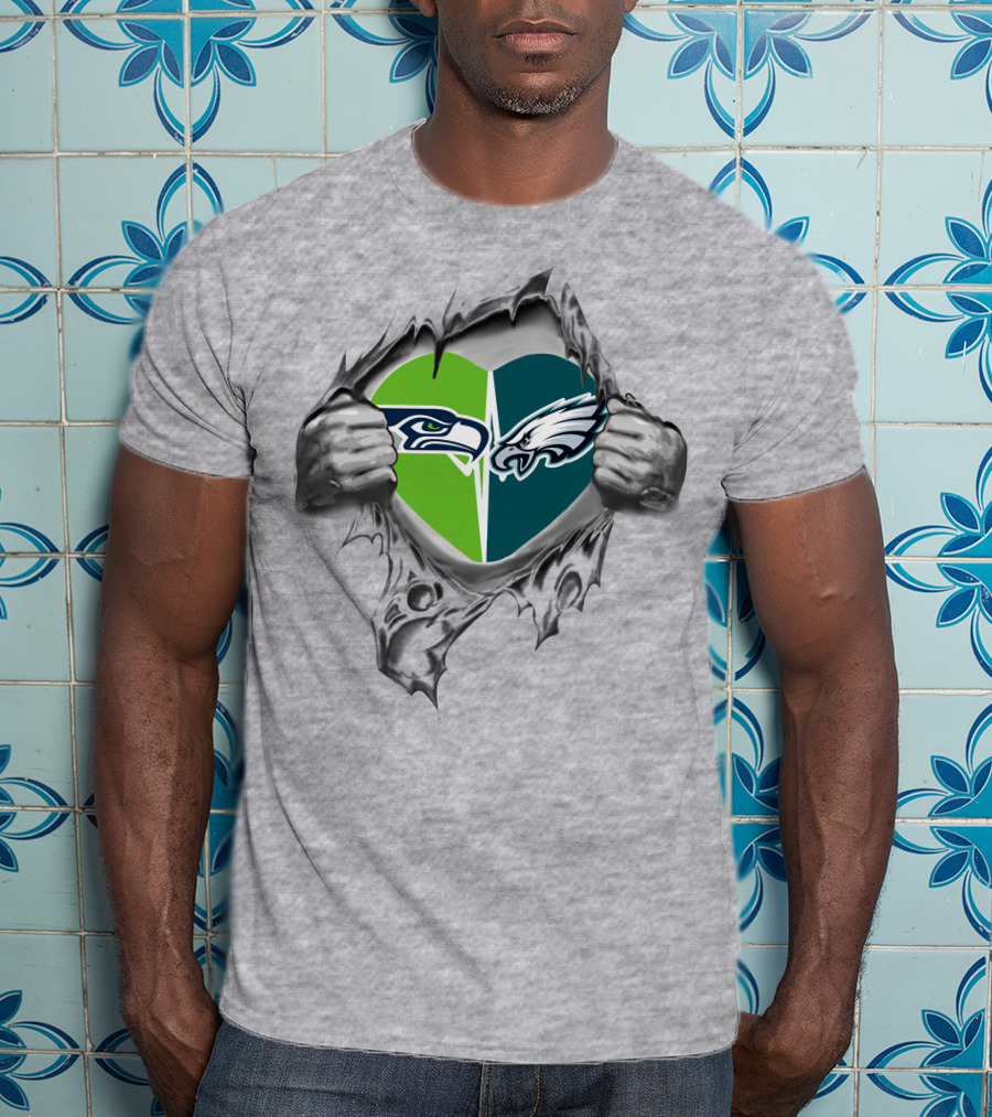 Eagles Seahawks Heart Split Logo Embrace T-Shirt