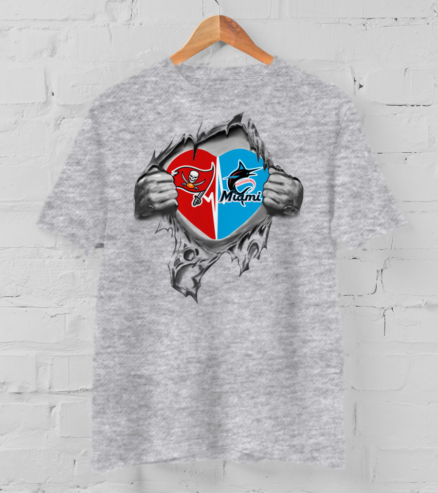 Buccaneers And Miami Marlins Heart Rip T-Shirt