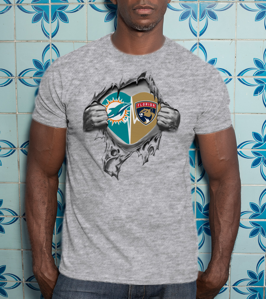 Dolphins And Florida Panthers Heart Design 27 Connection T-Shirt