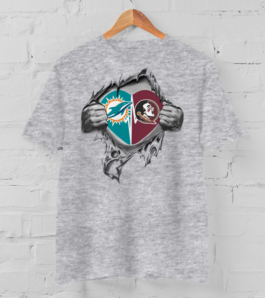 Florida State Seminoles Miami Dolphins Heart Pullover T-Shirt