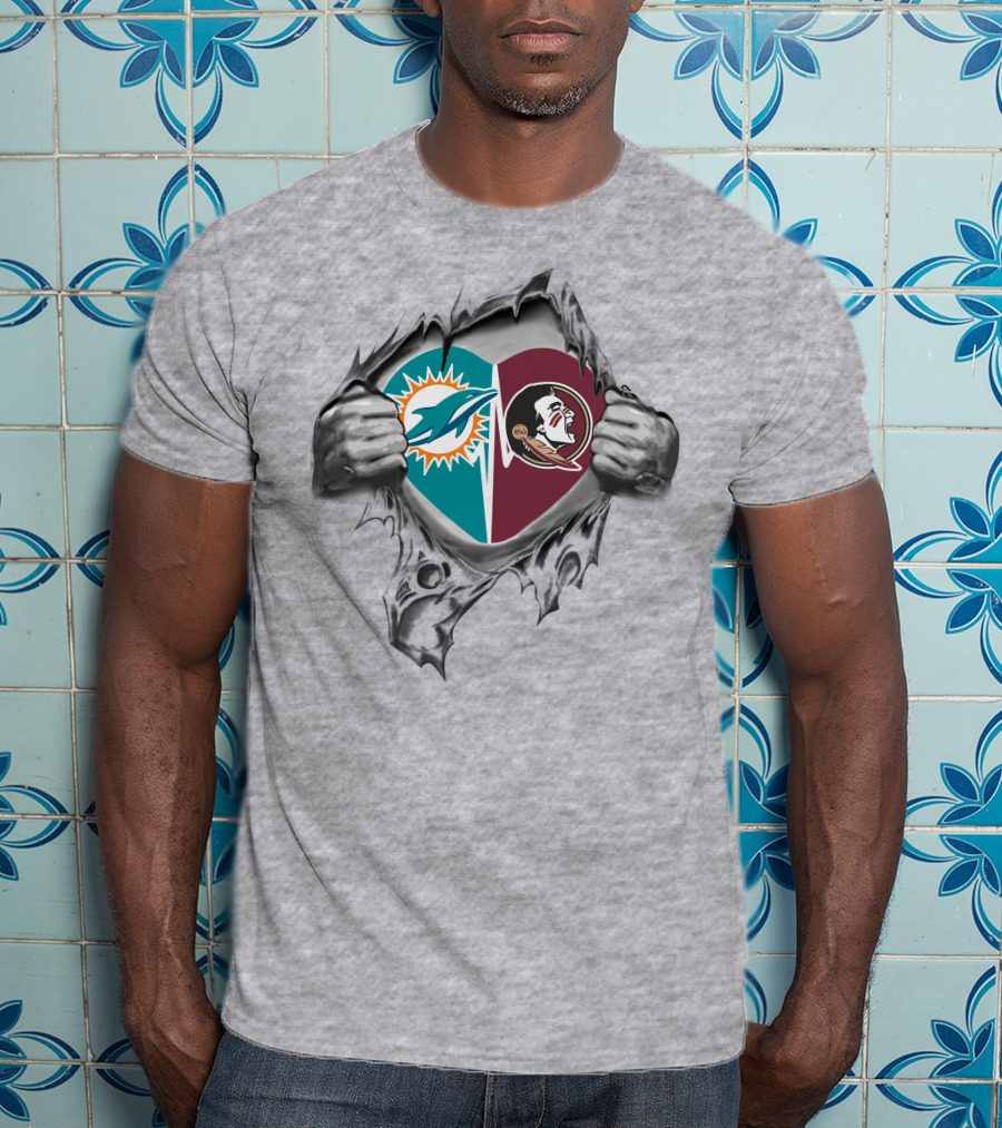 Florida State Seminoles Miami Dolphins Heart Pullover T-Shirt