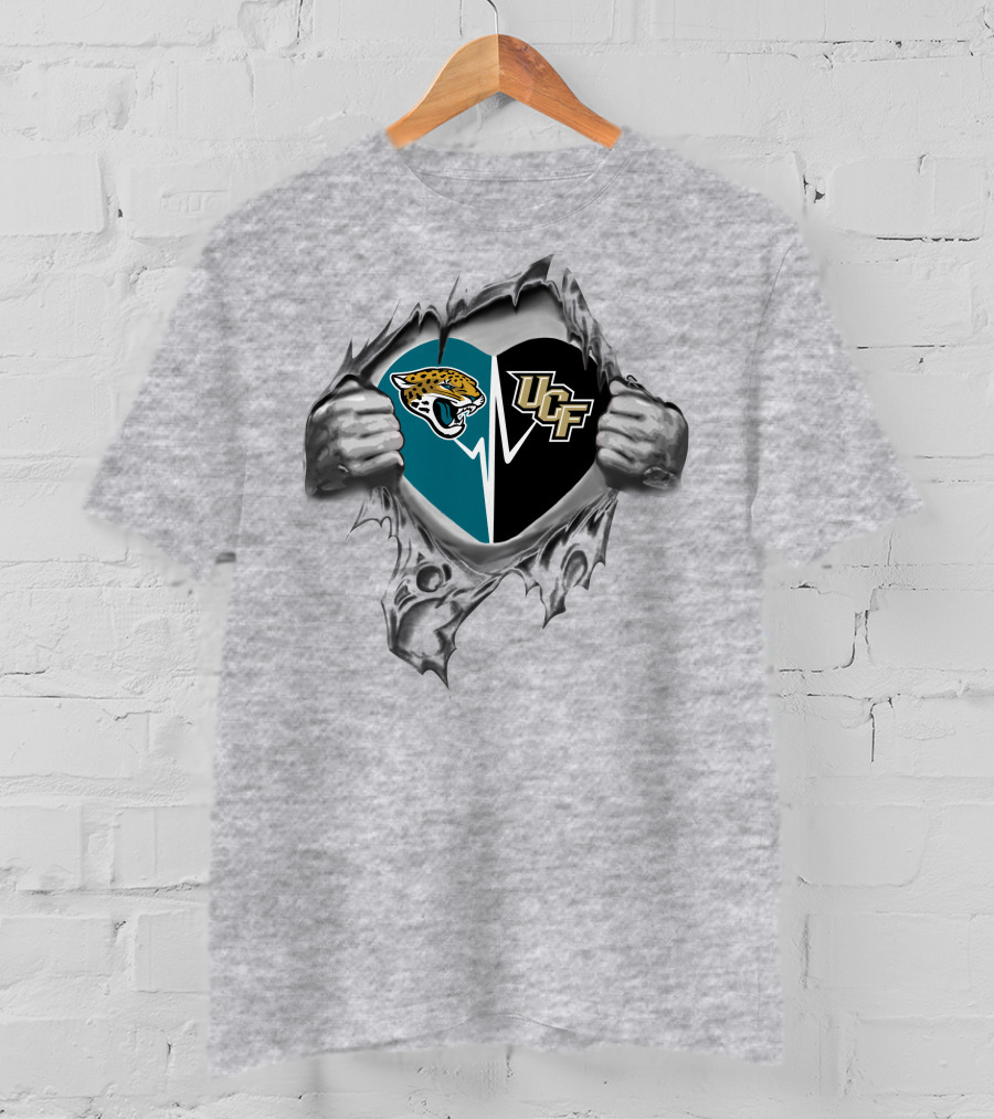 Jacksonville Jaguars Ucf Knights Heart Design Busting Through T-Shirt