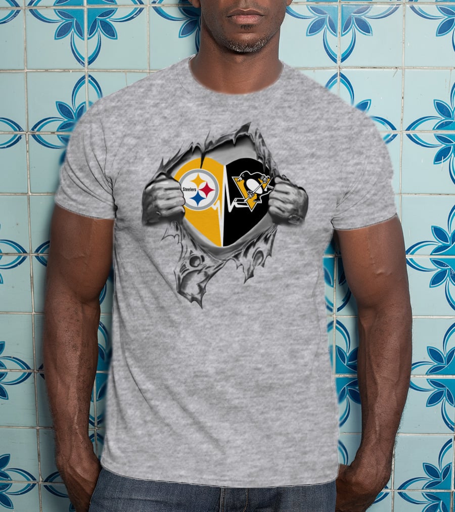 Steelers Penguins Heart With Team Logos And Tearaway Effect T-Shirt