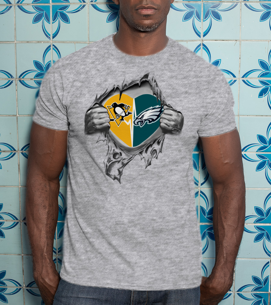 Eagles Penguins Heart Logos Split T-Shirt