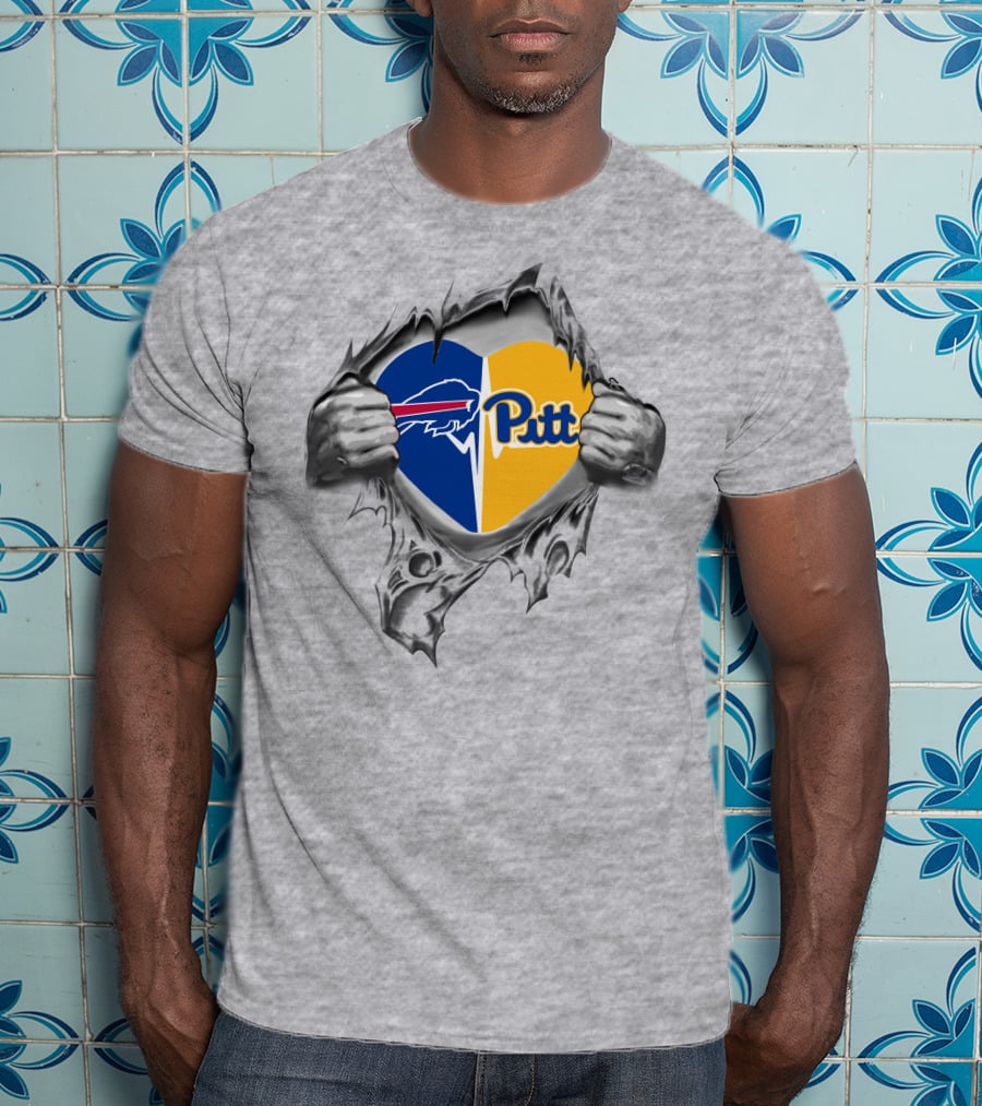 Bills And Pittsburgh Panthers Heart Logo Tear T-Shirt